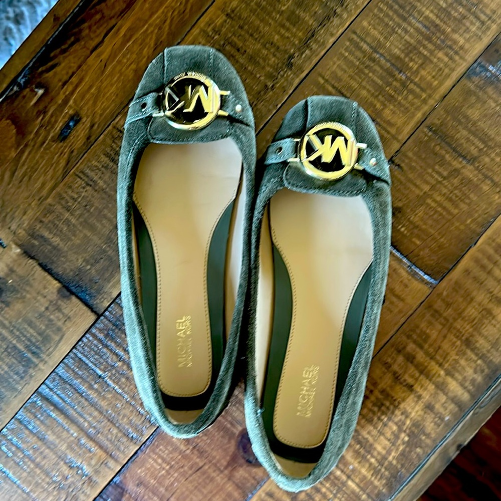 Michael Kors Green Suede Loafers with Gold Accent
